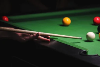 147 break in snooker showing reds, black and coloured balls on a professional snooker table