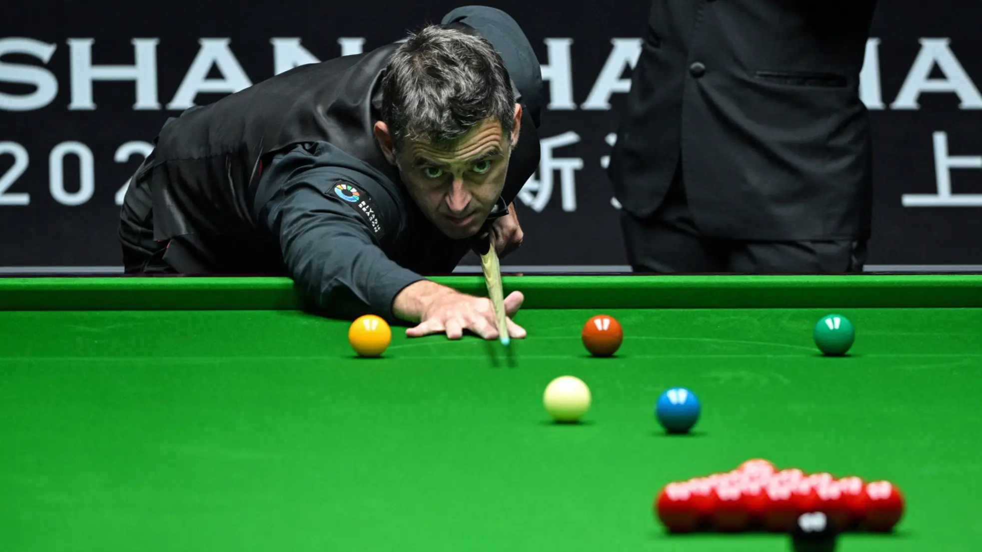 147 break in snooker showing reds, black and coloured balls on a professional snooker table